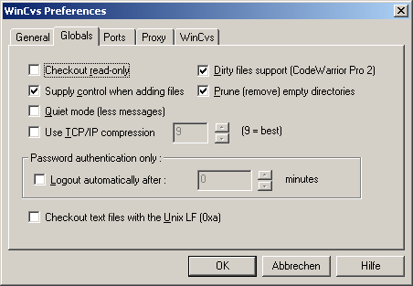 WinCVS-Preferences/Globals-Menü