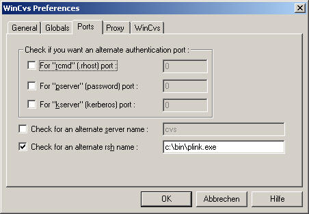WinCVS-Preferences/Ports-Menü